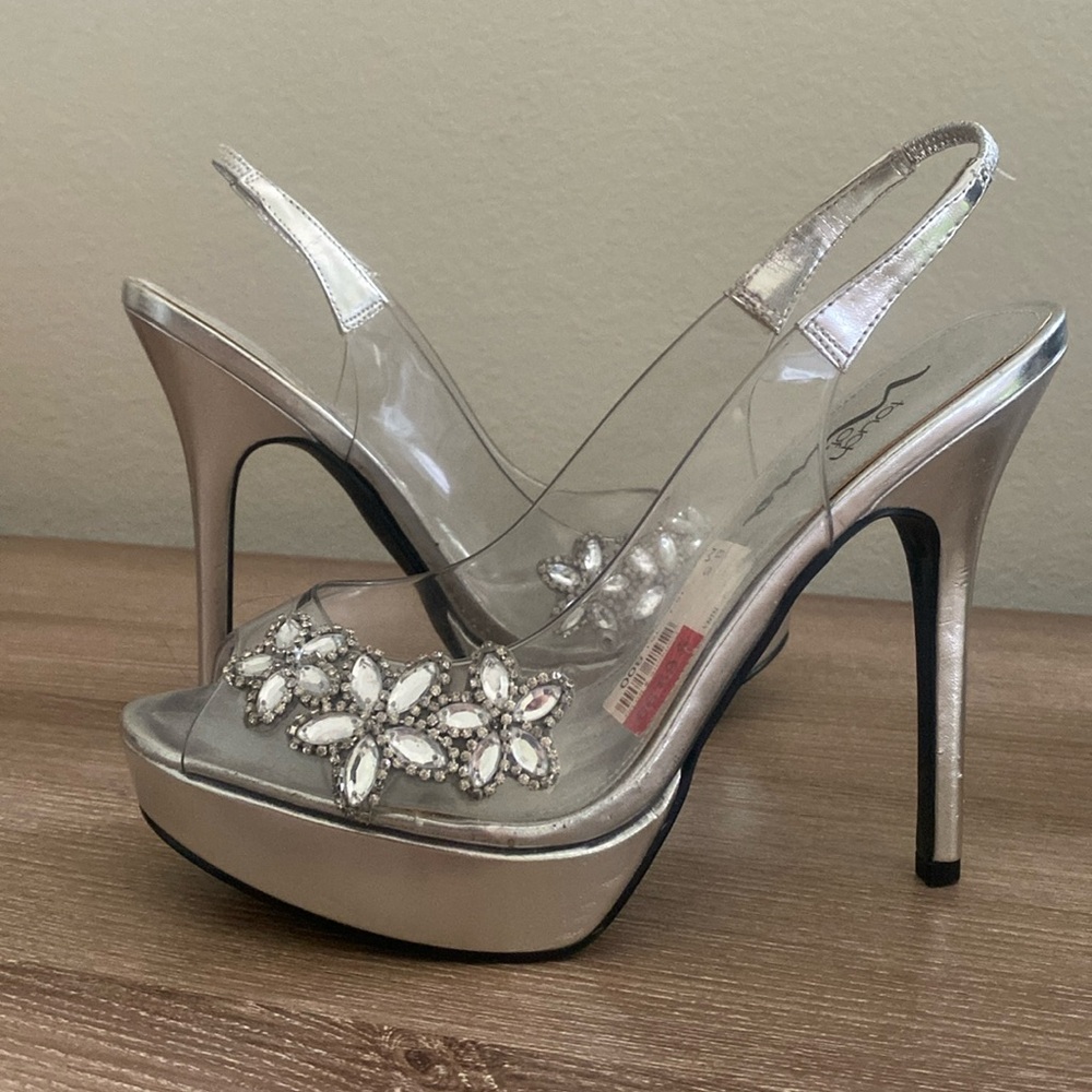Clear + Silver Pumps with flower jewel detail (never worn)